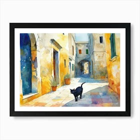 Black Cat In Puglia, Italy, Street Art Watercolour Painting 3 Art Print