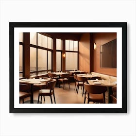 A Modern Restaurant Interior With Large Windows And Brown Leather Chairs And Tables Art Print