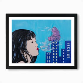 Pop art girl smoking cigarette art print blue Art Print