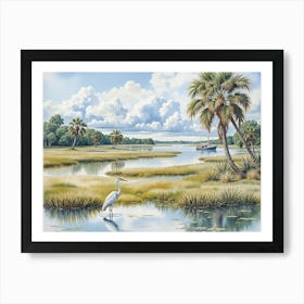 Egret watches a sailboat glide through the marsh at sunset in a serene landscape with palm trees and blue skies Art Print