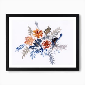 Watercolor Marigold Bouquet floral flower hand painted white blue orange horizontal office hotel bedroom  Art Print