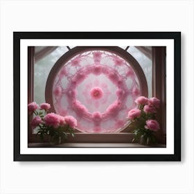 A Vintage, Floral Design Of Pink Peonies Arranged Around A Round, Stained Glass Window Art Print