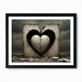 A 3d Rendering Of A Broken, Cracked Heart Sculpture Inside A Cracked, Concrete Block, With A Stormy Sky In The Background Art Print