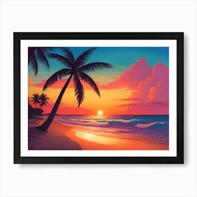 A Tranquil Beach At Sunset Horizontal Illustration 14 Art Print