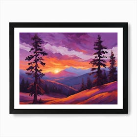 Impressionistic Winding Mountain Range, Sunset, Purple And Orange Hues, Pine Trees In The Foreground, Low Angle Perspective Art Print