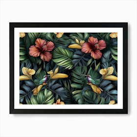 Tropical Exotic Seamless Pattern With Gold Hibiscus, Hummingbirds, Protea Flowers, Vintage Banana Leaves, Palm Leaves 1 Art Print