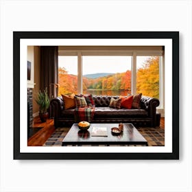 Cozy Autumn Living Room Vivid Colors Featuring Plaid Blankets Stretched Over A Leather Sofa A Pum (7) Art Print