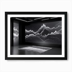 Abstract Digital Image Of A Dark Room With A Large Screen Displaying A White Waveform Representing Data Or A Sound Wave Art Print