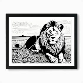 Lion Linocut Sketch Black And White art, animal art, 169 Art Print