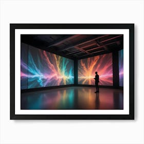 A Man Silhouetted In Front Of Three Large Screens Displaying Abstract Images Of Colorful Nebulae, Creating A Visually Striking And Artistic Scene Art Print