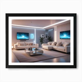 A Modern Interior Design Of A Living Room With White Furniture, A Glass Coffee Table, And Plants Art Print