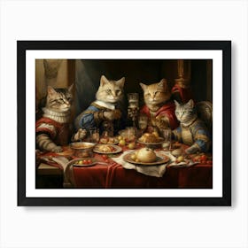 Regal Blue & Red Cats At A Medieval Banquet Art Print