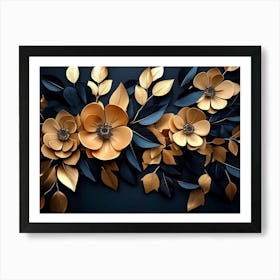 Gold Flowers On A Black Background Art Print