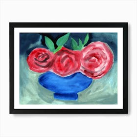 Roses In A Blue Vase - floral red blue gray Art Print