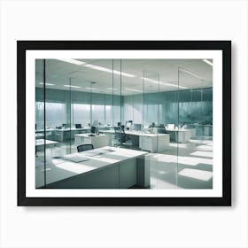 A Bright And Modern Office Interior Features Rows Of Desks With Computers, Separated By Glass Partitions, Bathed In Sunlight Streaming Through Large Windows Art Print