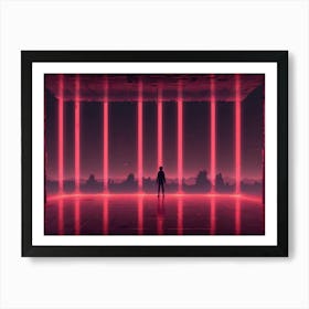 A Person Standing In A Futuristic Room Illuminated With Pink Neon Lights Art Print