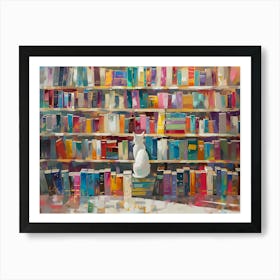 White Cat In The Library - Thinking Art Print