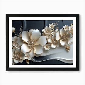 3d Artwork Illustration White And Blue Background With Golden Jewelry And Flowers 1 Art Print