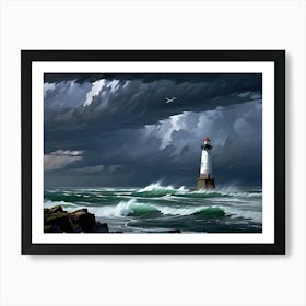 Lighthouse In Stormy Sea Art Print