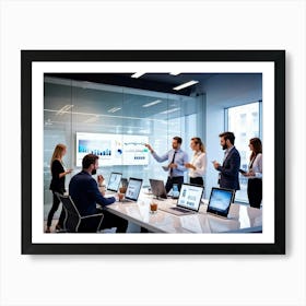 Group Of Professionals In A Bright Open Plan Office Engaging With Various Digital Devices For Moder (1) Art Print