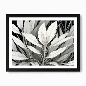 A Minimalist Image Of A Plant With White Leaves And Orange Flowers, Creating A Delicate And Elegant Design Against A Black Background Art Print