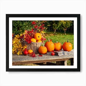 Autumnal Still Life Composition Featuring A Wooden Table Set In A Rustic Garden During The Golden Ho (1) Art Print