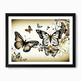 Butterflies On A Floral Background Art Print