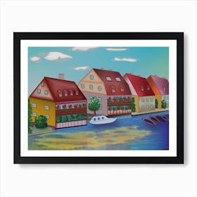 Landscape With Houses On The River Regnitz And Boats In The Town Of Bamberg In Germany Art Print