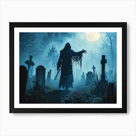 Silhouette Of A Daemon Costume Amidst A Fog Shrouded Cemetery Steam Rising From The Ground Adding T (2) Art Print