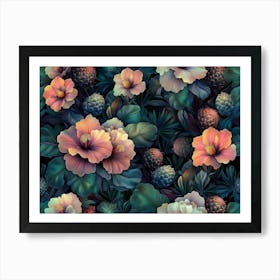 Floral Fantasy Seamless Pattern with Vintage Exotic Tropical Flowers, Hibiscus, Protea, Plumeria, Cactus Leaves Art Print