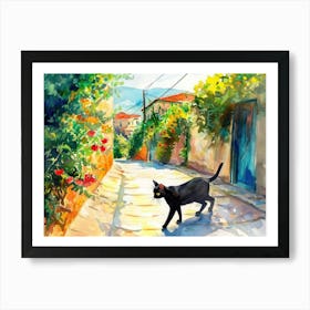 Athens, Greece   Black Cat In Street Art Watercolour Painting 4 Art Print