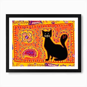 A black cat on the uzbek embroidary - suzani Art Print