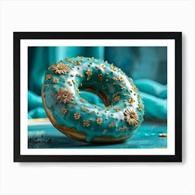 Turquoise Donut Adorned With Intricate Floral Patterns Circled By Gold Trim Captured From A Low An Art Print