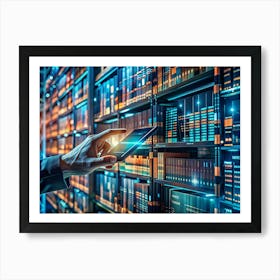 A Hand Holding A Tablet In Front Of A Bookshelf With Books And Glowing Blue Lights Art Print