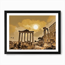 Picturesque scene of ancient Roman ruins bathed in the warm glow of a setting sun. The ruins, consisting of towering columns and arches, stand majestically against a backdrop of a cloudy sky. The sun, a large, bright orb, hangs low in the sky, casting long shadows across the scene. Art Print