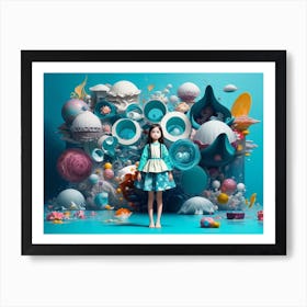 Girl Standing In Front Of A Blue Background Art Print