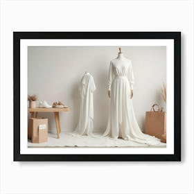 Two Mannequins Wearing White Dresses, One Simple And One With A Flowing Skirt, Along With Accessories Including Shoes, Bags, And Plants Art Print