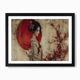 Geisha Grace: Elegance in Burgundy and Grey. Sakura Blossom Art Print