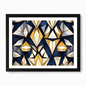 A Vibrant Geometric Pattern Of Blue, White, And Gold Triangular Shapes, Resembling A Mosaic Or Stained Glass Window Art Print