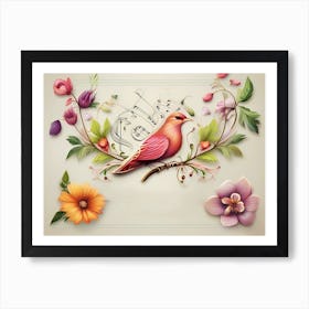 A Red Singing Bird With Some Flower Decoration And Music Notes - Color Painting On Bright Background Art Print