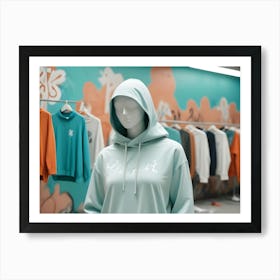 A Mannequin Wearing A Light Blue Hooded Sweatshirt With The Word Ghost Printed On It In Silver Art Print