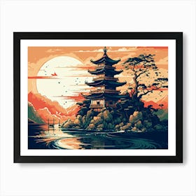 Retro Illustration Landscape In Japanese Style Art Print