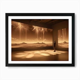 A Man Silhouetted Against A Large Screen Showing A Digital Visualization Of A Desert Landscape With A Glowing Sun, Creating A Surreal And Futuristic Scene Art Print