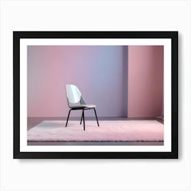 A White Chair With A Mirrored Back Sits On A Pink Rug In A Room With Pink And Blue Walls Art Print