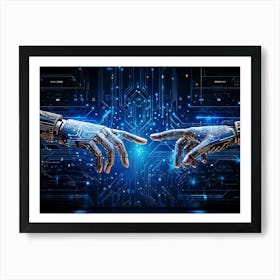 Abstract Cyber Concept Art Depicting A Human Hand And Artificial Intelligence Robotic Finger Almost 2 1 Art Print