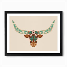 Floral Longhorn   Brown And Turquoise Art Print