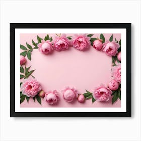 A Floral Arrangement Of Pink Peonies With Green Leaves, Forming A Rectangle With A Blank Space In The Center, Perfect For A Message Or Design Art Print