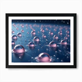 3d Illustration Of A Collection Of Transparent Water Droplets With A Light Pink Interior, Resting On A Dark Blue Surface Art Print