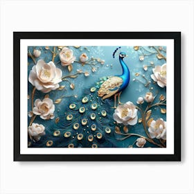 3d Peacock Illustration Golden Jewelry and Flowers Art Print