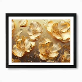 Golden Floral Background, Vintage Gold Flowers Abstract Art Print